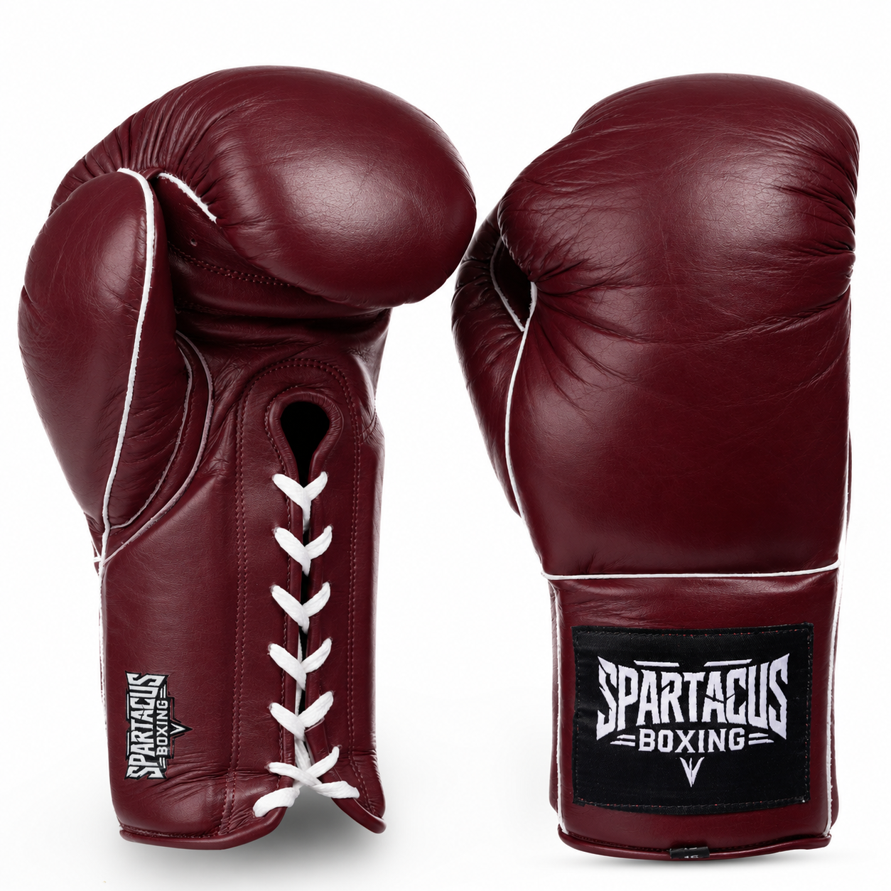Maroon boxing gloves with laces and patch on the wrist